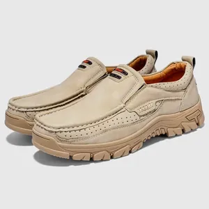 Side view of men's breathable light beige casual loafers with durable rubber sole