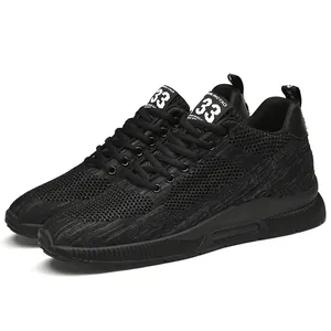 Black breathable flyknit men's sneakers with 6cm invisible height increase design