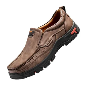 Breathable brown leather men's slip-on loafers with thick outdoor sole for casual walking