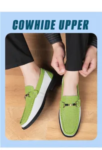Macro detail of men's green perforated cowhide leather loafers for stylish driving