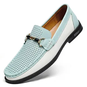 Men Split Cowhide Leather Perforated Loafers Casual Horsebit Driving Shoes Slip-on Breathable Flat Moccasins Fashion Large Size
