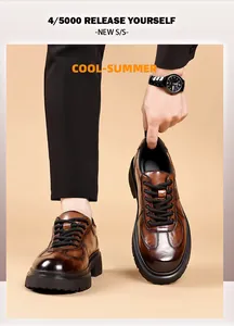 Detailed view of brown leather Derby shoes with thick soles and lace-up design