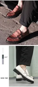 Detailed view of stylish men's crocodile pattern loafers featuring dual buckles and chunky soles.