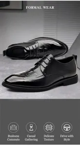 Primo piano di scarpe derby brogue in pelle nera premium con motivo a coccodrillo uomo
