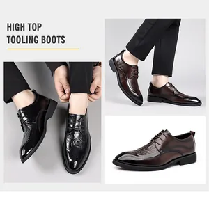 Dettaglio delle scarpe brogue da uomo in pelle con design a punta alare nera
