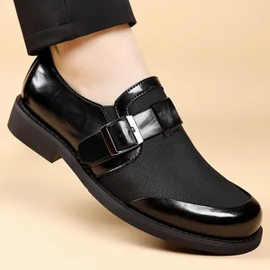 Zapatos de cuero casuales de negocios para hombres negros con hebilla y detalles de malla