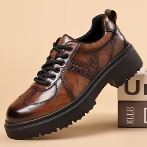 Men Business Casual Derby Shoes British Style Crocodile Pattern Thick Sole Formal Dress Shoes Microfiber Leather Loafers