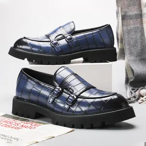 British style men's blue monk strap loafers with crocodile pattern and thick sole