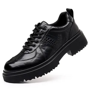 Men's black leather business casual shoes featuring thick sole and crocodile pattern.