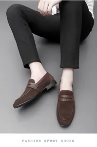Close-up of mens brown suede loafers featuring a stylish business casual design