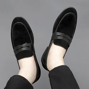 Elegant men's black suede penny loafers with premium leather strap for business formal wear