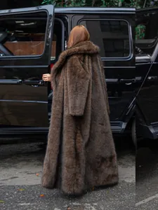Damen Extra Langer Künstlicher Fuchsfellmantel Mit Kapuze Dicke Warme Kunstpelzjacke Europäischer Streetstyle Dunkelbrauner Übermantel