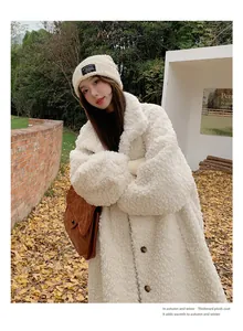 Detailed view of cream long thickened plush teddy coat for women winter fashion