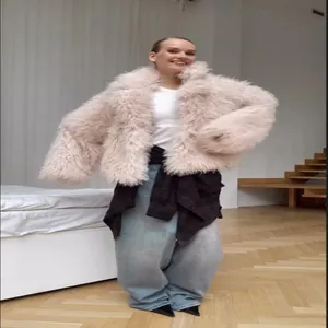 Full view of fluffy pink faux fur jacket with notch lapel for autumn winter look