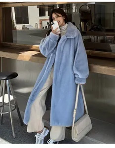 Κομψό oversized μακρύ γαλάζιο παλτό από συνθετική γούνα για γυναίκες με πέτο