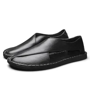Retro handmade summer men's hollow-out leather slip-on casual shoes in black finish