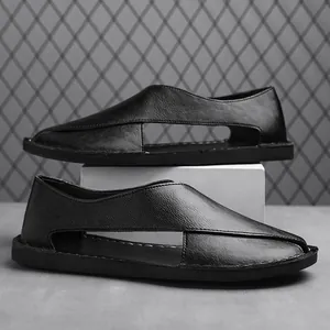 Detailed side view of black retro leather hollow closed-toe flat summer sandals for men