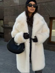 Damen Langer Kunstpelzmantel Reverskragen Elegant Flauschiger Fuchspelz-Stil Überzieher Warme Winteroberbekleidung Casual Jacke