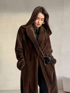 Elegant dark brown faux mink coat detail showcasing thick fur texture and style.