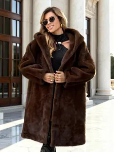 Luxurious long brown faux mink fur coat with large hood for women's winter warmth