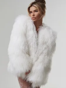Women Luxury Faux Fur Coat Long Hair Mongolian Sheep Style Warm Winter Outerwear Party Shaggy Plush Jacket Solid Color Overcoat
