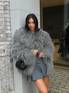 Elegant grey faux fur Mongolian lamb jacket for winter party and evening street fashion