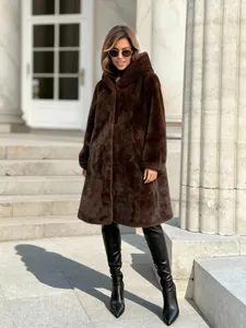 Elegant long brown hooded faux fur coat for women, perfect for stylish winter warmth.