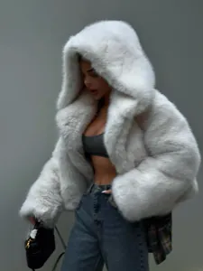 Damen Kapuzen Kunstfell Mantel Kurz Winter Dick Plüsch Jacke Kunstpelz Top Warme Oberbekleidung Für Frauen