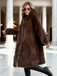 Elegant long brown faux fur hooded coat with a luxurious plush texture for women
