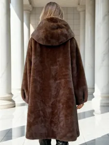 Detailed back view of a premium dark brown long hooded faux fur coat with soft texture