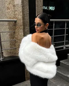 Back view of a plush white faux fur coat showing soft texture and fluffy design
