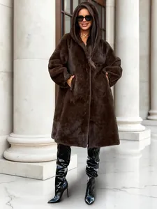Elegant women's long thick brown faux mink fur coat with hood for winter luxury fashion