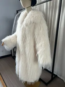 Professional side view of a luxury white long faux fur coat displayed on a mannequin