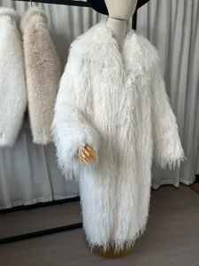 Luxurious long white faux fur coat for women, thick and warm winter outerwear detail