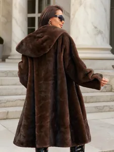 Detailed back view of a luxurious dark brown hooded faux mink fur coat for winter warmth