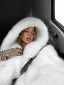 Manteau à Capuche en Fausse Fourrure pour Femmes Hiver Chaud Couleur Unie Veste en Peluche Streetwear Oversized Manches Longues