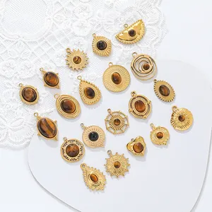 18K Gold Plated Stainless Steel Tiger Eye Stone Pendants For DIY Necklace Bracelet Earring Jewelry Making Vintage Geometric Heart Sun Charms