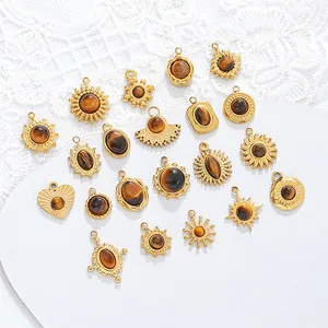 Tiger Eye Stone Titanium Steel Pendant 18K Gold Plated Stainless Steel Charm For DIY Necklace Bracelet Earrings Jewelry Accessories