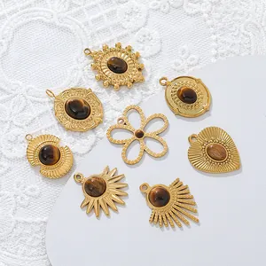 Assorted tiger eye stone pendants with 18k gold plating in unique geometric shapes