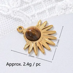 Detailed macro view of tiger eye sun pendant in 18K gold plated stainless steel
