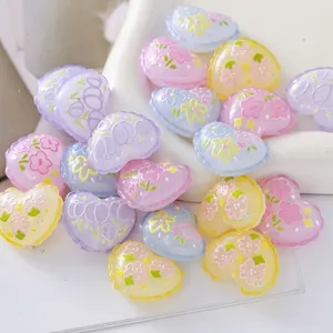 Acrylic Heart Embossed Beads Floral Print Pillow Shape Loose Beads For DIY Keychain Phone Chain Bag Pendant Accessory