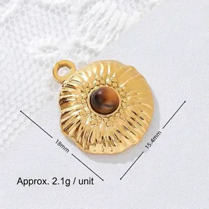 Gold plated stainless steel tiger eye pendant with 18mm and 15.4mm size measurements.