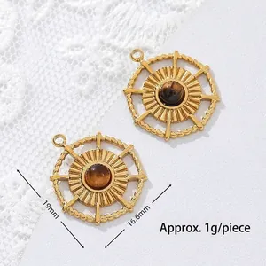 Detail shot of 19mm 18K gold plated stainless steel tiger eye stone compass charm