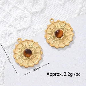 Close-up detail of sunflower shaped tiger eye stone pendant in 18K gold plated stainless steel