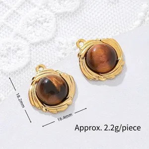Detail of round 18K gold-plated tiger eye pendants with dimensions and weight