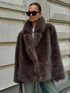 Damen Mittellange Kunstpelzmantel Herbst Winter Warme Kunstfuchsfell Jacke Reverskragen Lässig Oberbekleidung Pendler Mantel