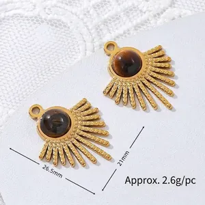 Detail view of 18K gold plated tiger's eye stone pendants with 26.5mm size and weight details