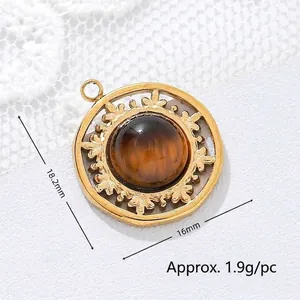 Close-up detail of 18K gold plated titanium steel tiger eye stone pendant with size info