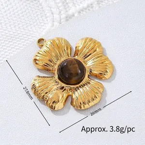 Close-up of 18K gold plated flower pendant with tiger eye stone and measurements.