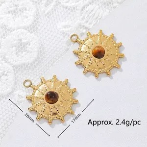 Detailed view of golden sun-shaped tiger eye pendants with size and weight markers